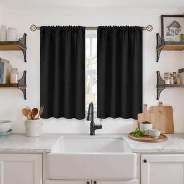 Black Blackout Curtains 40 Inches Long for Kitchen Windows - Short Thermal Insulated Drapes with Rod Pocket Privacy