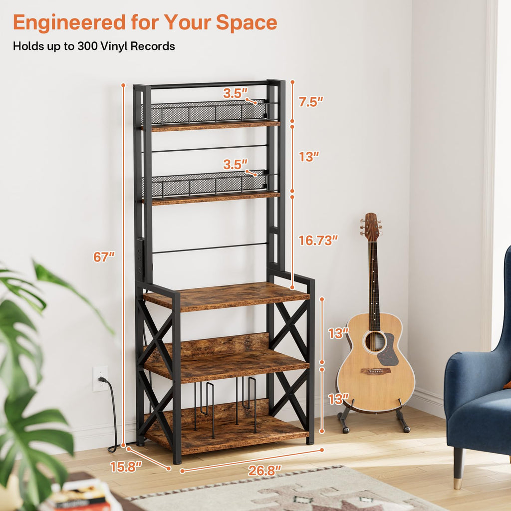 Record Player Stand with Power Outlet - Turntable Display Shelf