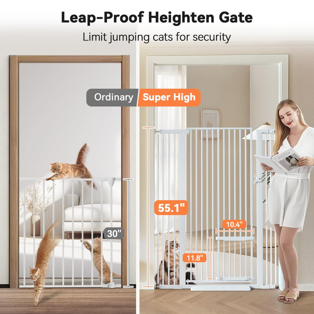 55.1" Extra Tall Pet Gate, 29.5-40.6" Wide with Adjustable Cat Door