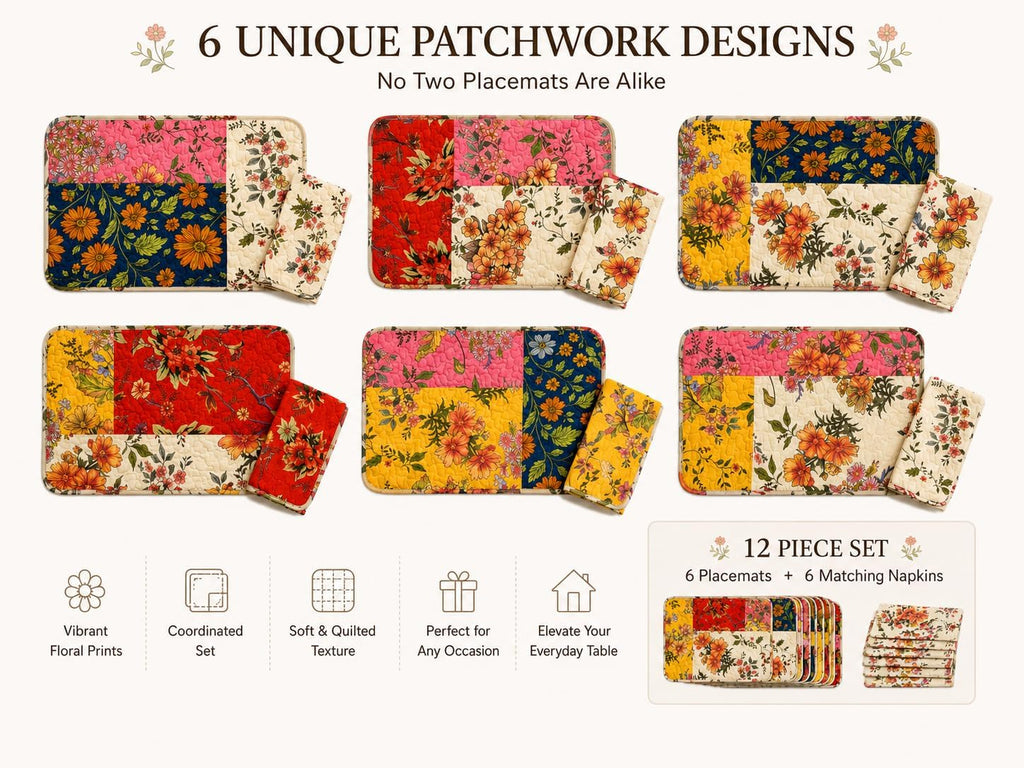 12-Piece Quilted Patchwork Placemats & Floral Napkins | 13 x 19 in mats, 18 x 18 in napkins, reversible, machine