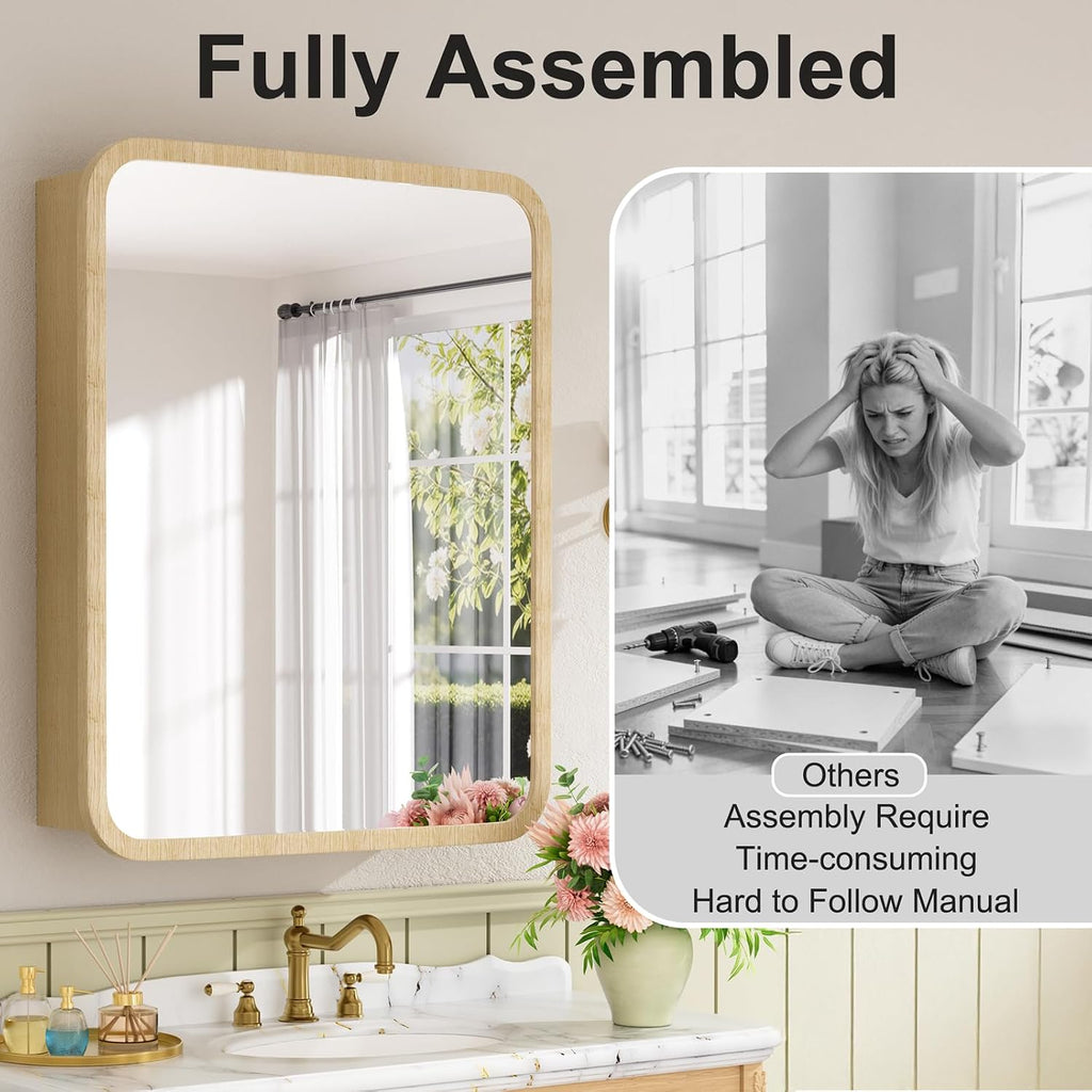20x28 Inch Wood Medicine Cabinet with Mirror , Oak | Fully Assembled, Surface or Recessed Mount Mirror Cabinet