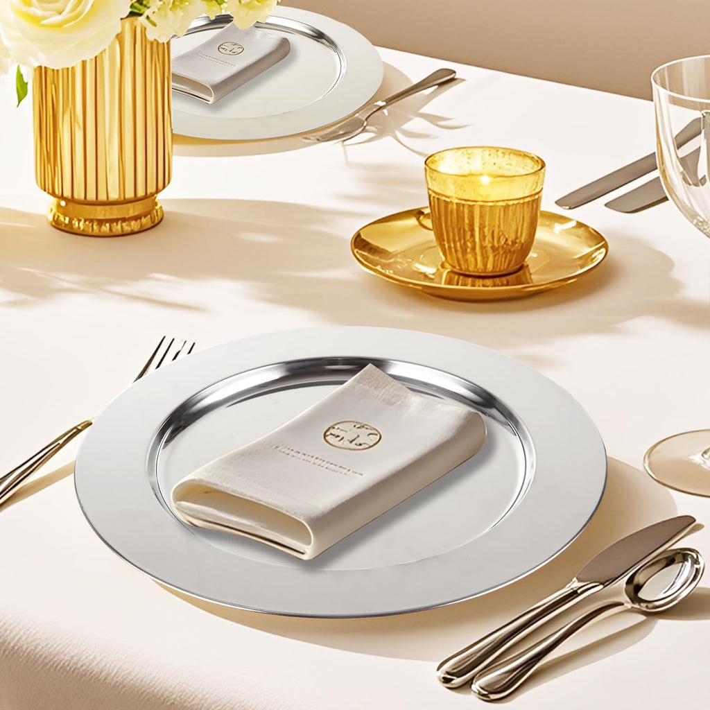 8PCS Stainless Steel Charger Plates 13inch Silver Charger Plate Metal Round Chargers for Dinner Plates Table Setting
