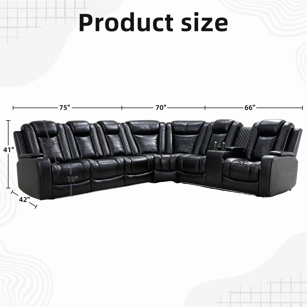 Black Power Reclining Leather Sectional Couch, LED Lighting Recliner Sofa with Storage Console, Cup Holders &