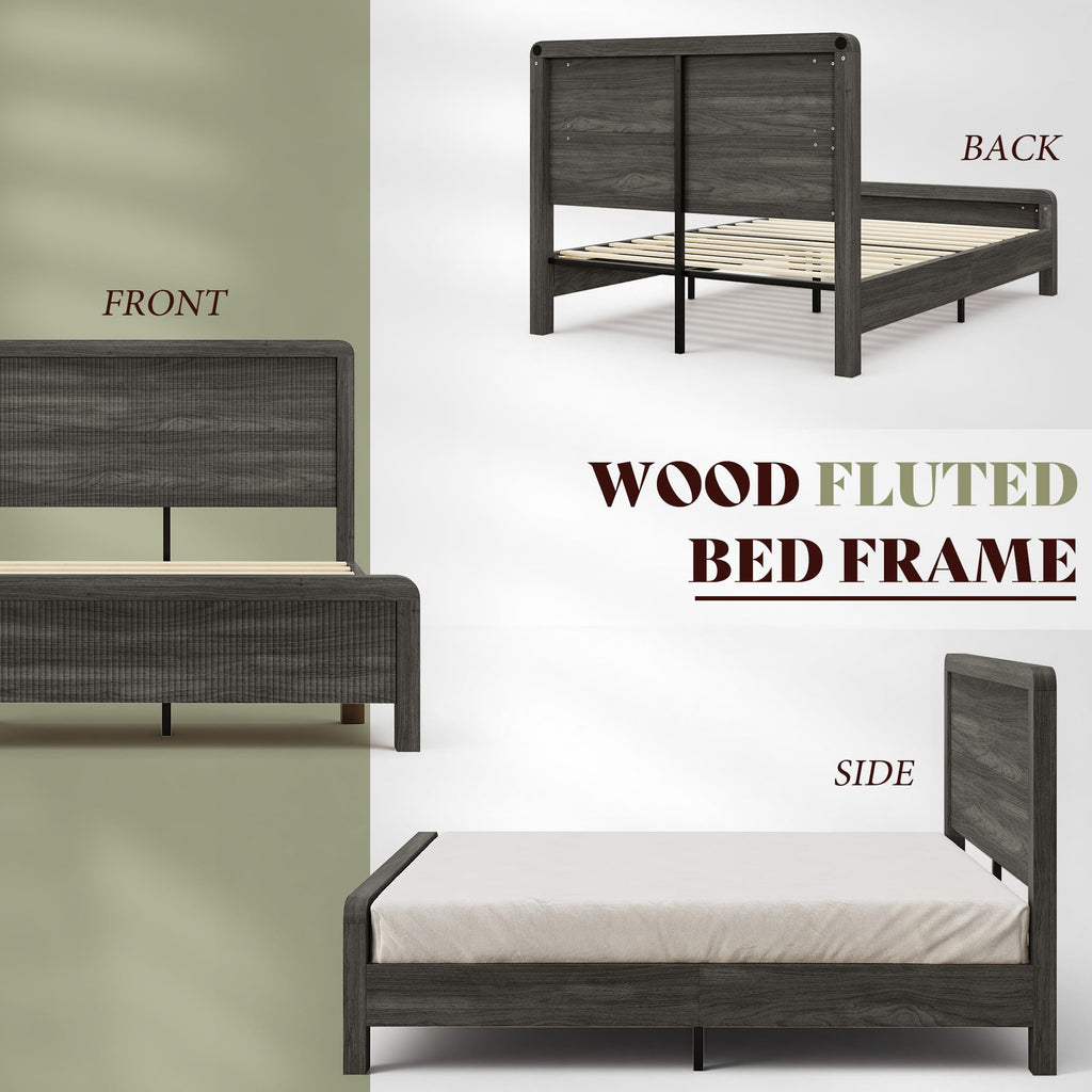 Full Wood Bed Frame with Fluted Headboard & Footboard, Black