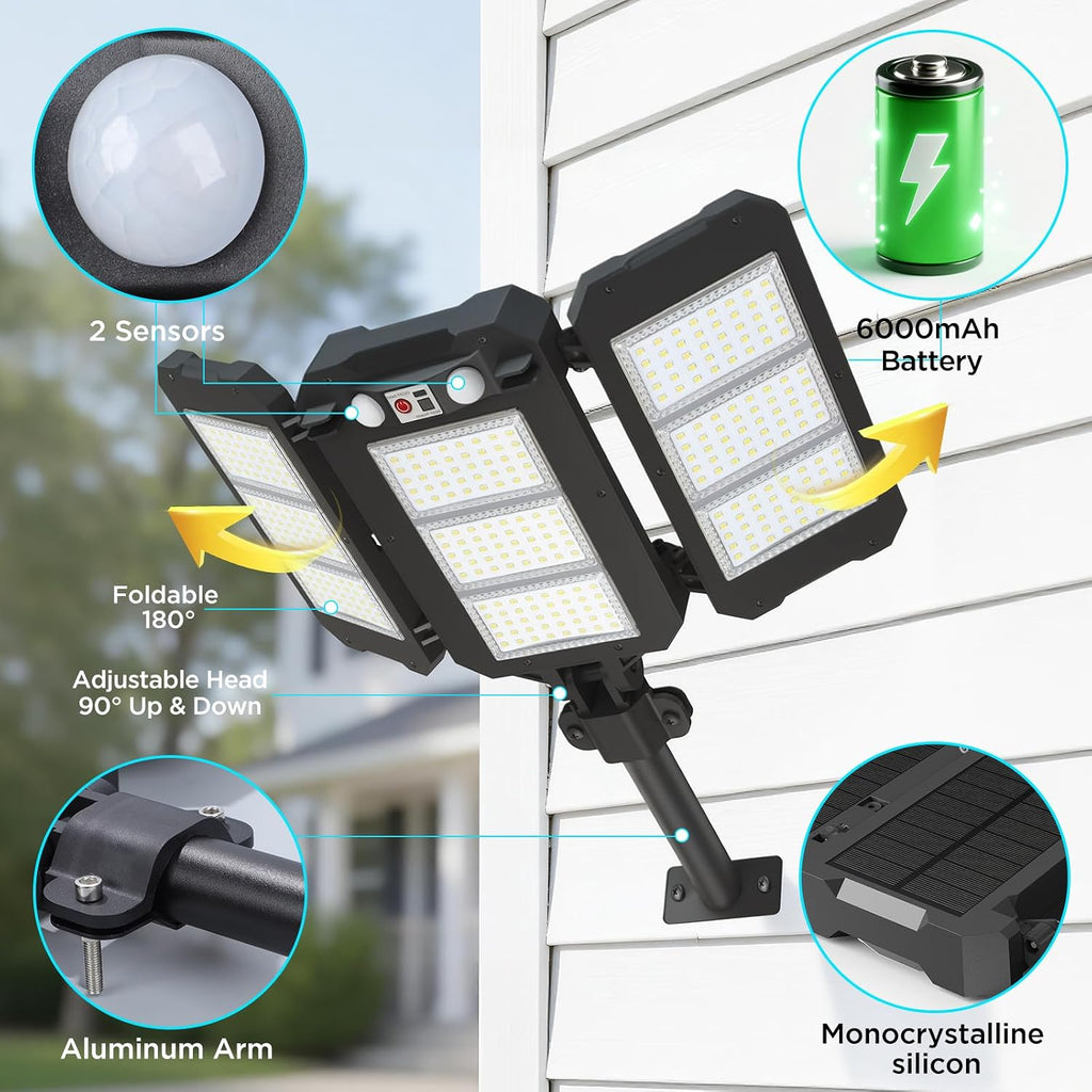 Solar Flood Lights Outdoor, 7000 LM Super Bright Aluminum Arm Waterproof | 6000 mAh Remote Control Dusk to Dawn LED