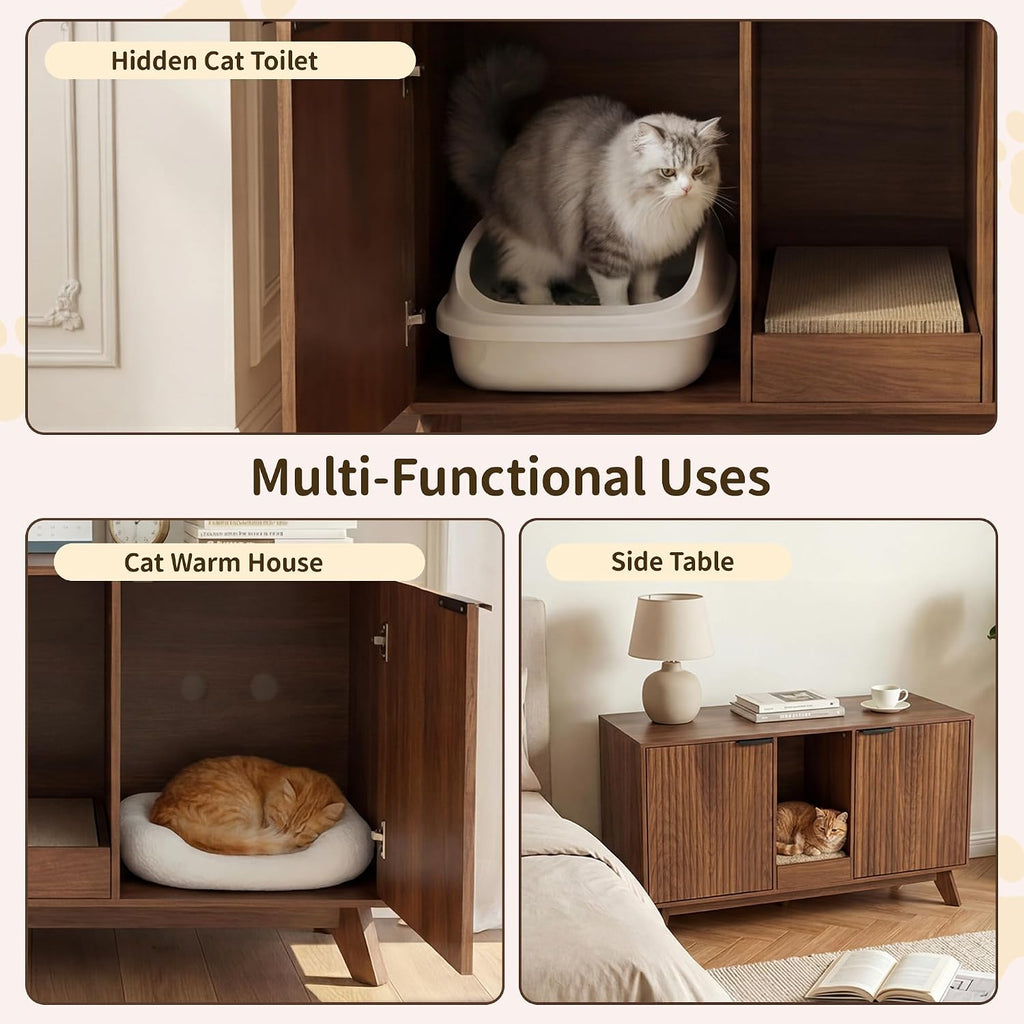 Double Cat Litter Box Enclosure for 2 Cats, Fluted Hidden Litter Box Furniture with Litter Collector & Scratch Pad, 47"