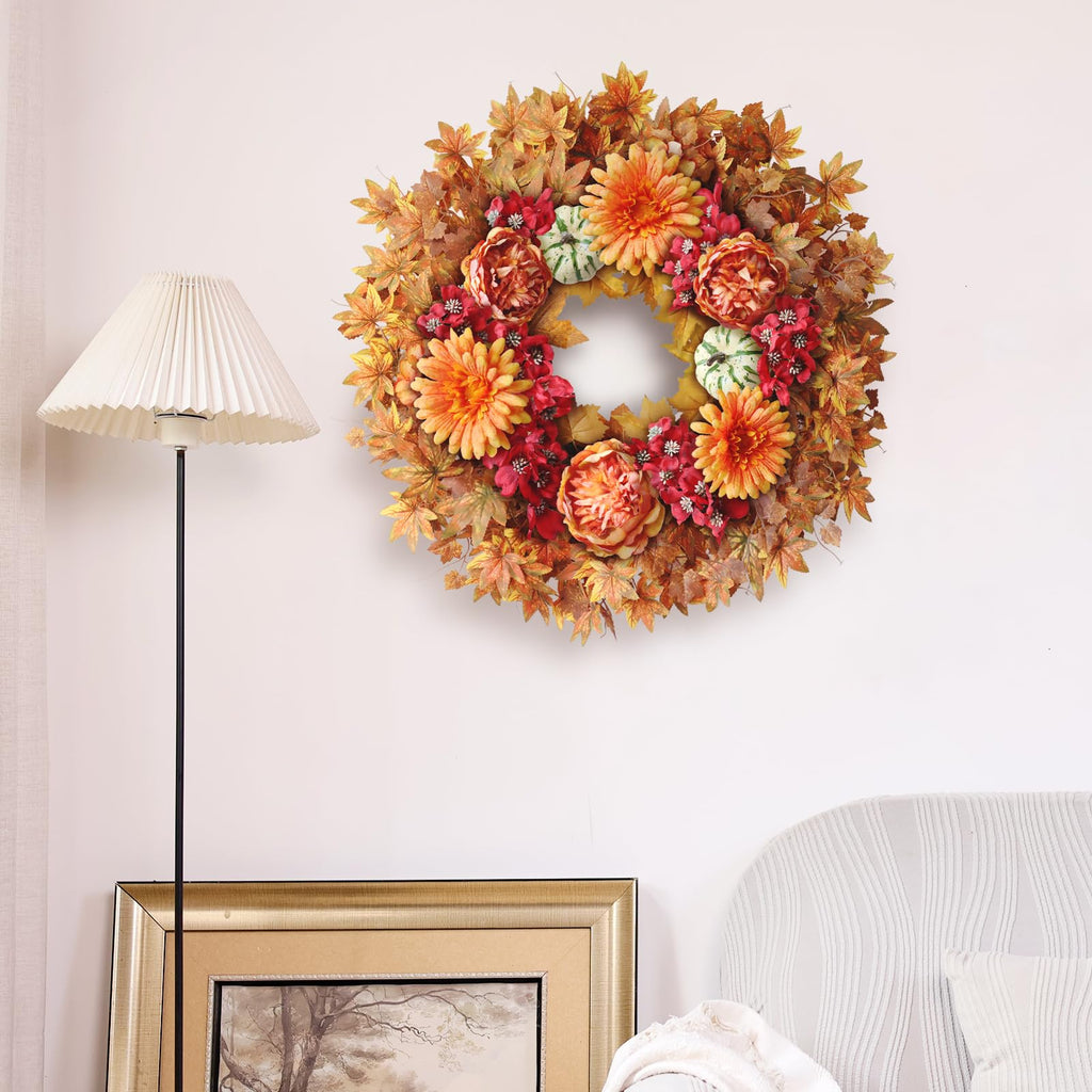 26" Artificial Fall Wreath, Silk Flowers Maple Leaf for Front Door (Orange)