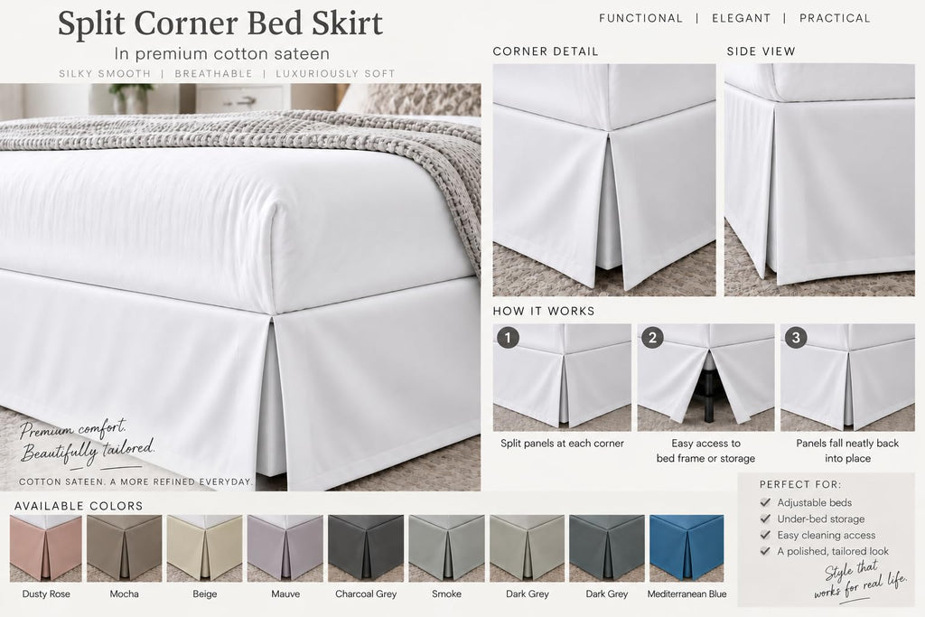 Signature 600TC 100% Cotton Split Corner Bed Skirt - Luxury Tailored 12" Drop Length Bed Skirt with Premium Finish