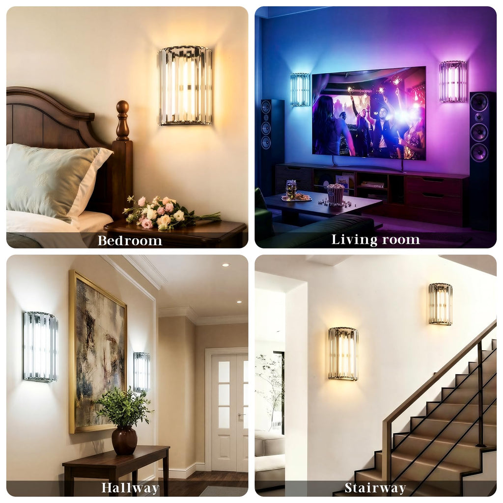 Black Battery Operated Wall Sconces Set of Two, Crystal Wireless Wall Light with Remote, Rechargeable Cordless Wall