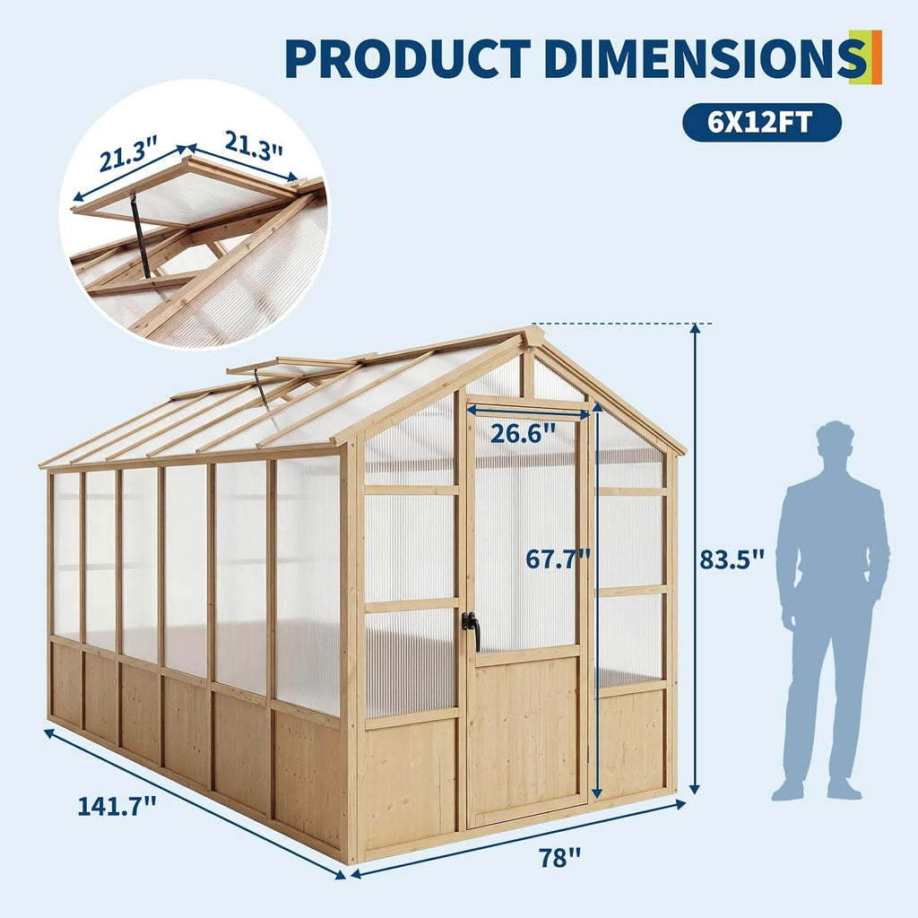 Large Wood Frame Greenhouse for Outdoor - Wooden Walk-in Greenhouse Kit with Polycarbonate Panels, Ventilated Window
