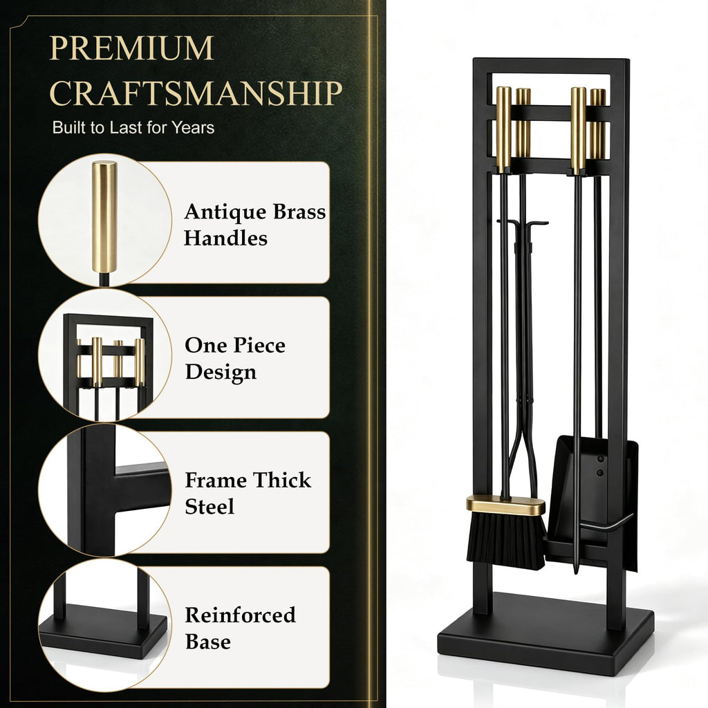 5-Piece Fireplace Tool Set, 30" One-Piece Stand, Antique Brass