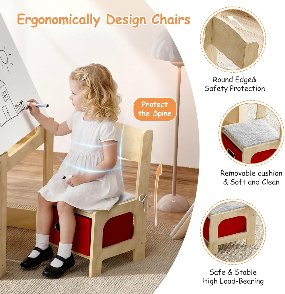 Kids Table and 2 Chairs Set, Wooden Toddler Activity Table with Adjustable Drawing Tabletop, Safety Hinges, Storage