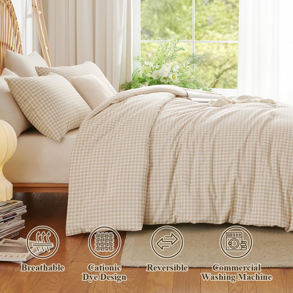 Gingham Comforter Set Beige Bedding Set and 2 Pillowcases