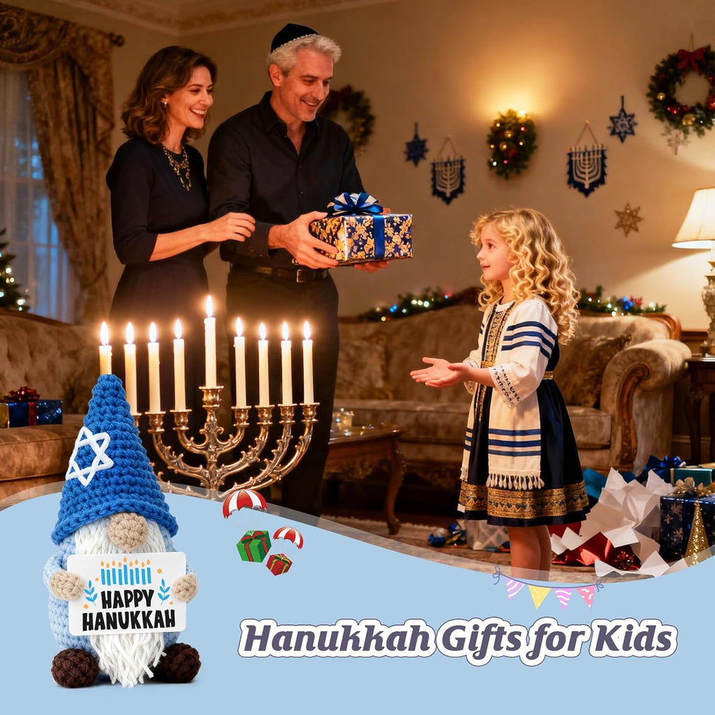 Hanukkah Gnome Crochet Plush, Handmade Blue Gnome with Star David Hat & Happy Hanukkah Candle Card, Mini Amigurumi