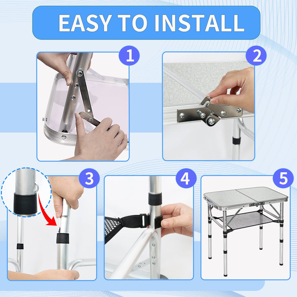 Small Folding Table with Storage Net, 24" x 16" Portable Foldable Camping Table with 3 Adjustable Height, White Metal