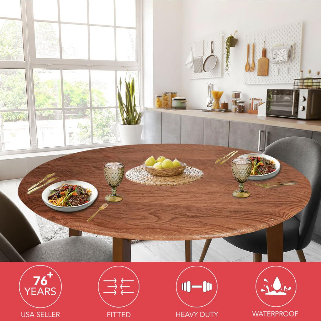Deluxe Elastic Edged Flannel Backed Vinyl Fitted Table Cover - Woodgrain (Oak) Pattern - Large Round - Fits Tables up