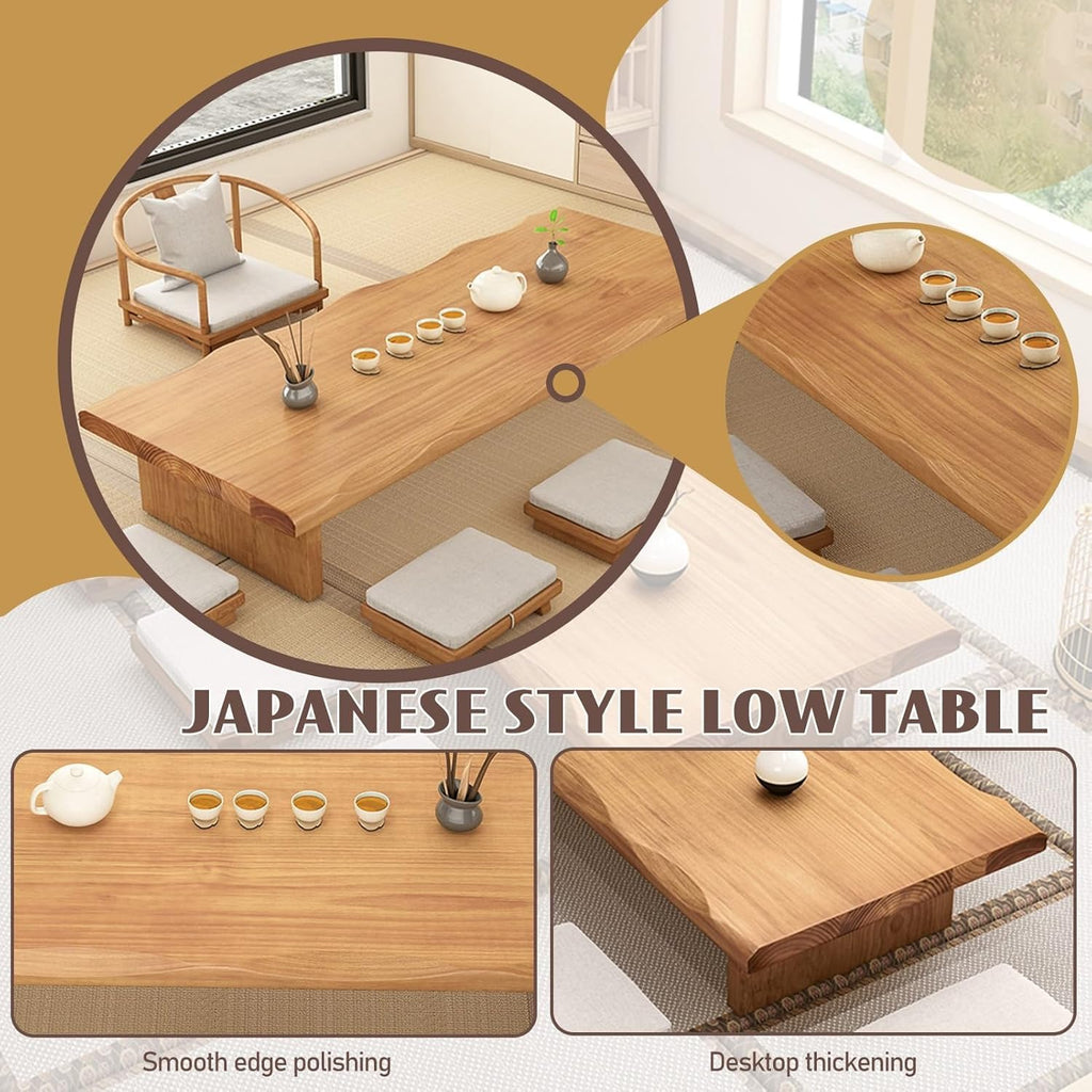 55" Solid Wood Japanese Floor Table, Low Dining Table for Floor Seating, Tatami Tea Table, Modern Chabudai Coffee