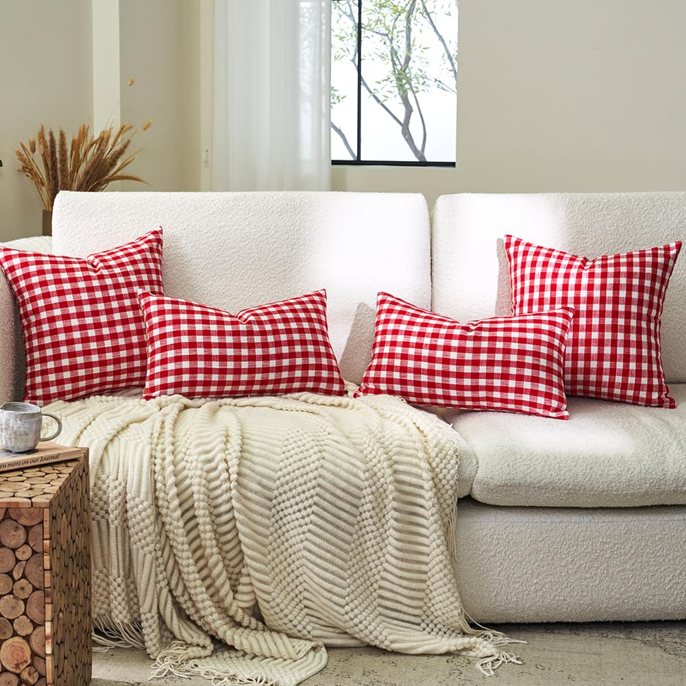 Red and White Outdoor Christmas Gingham Plaid Throw Pillow Covers 18x18