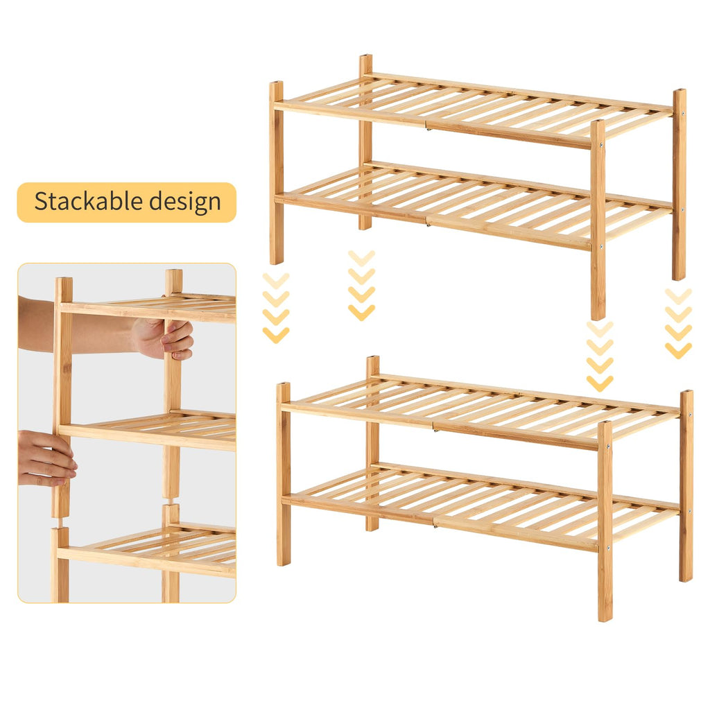 4-Tier Bamboo Shoe Rack, Stackable | Heavy Duty | Multi-Function, Free Standing Shoe Racks Hallway Closet