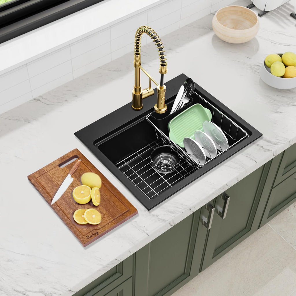 22 Inch Granite Kitchen Sink Workstation, 22 x 19 Black Drop In/Undermount Kitchen Sink, Deep Quartz Composite Single