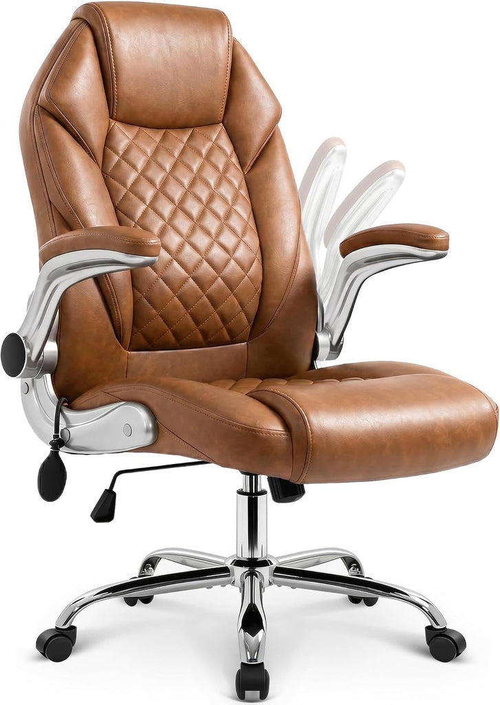 Executive High Back Ergonomic Computer Desk Chair with Adjustable Lumbar Support Padded FILP-up Arms PU Leather Comfy