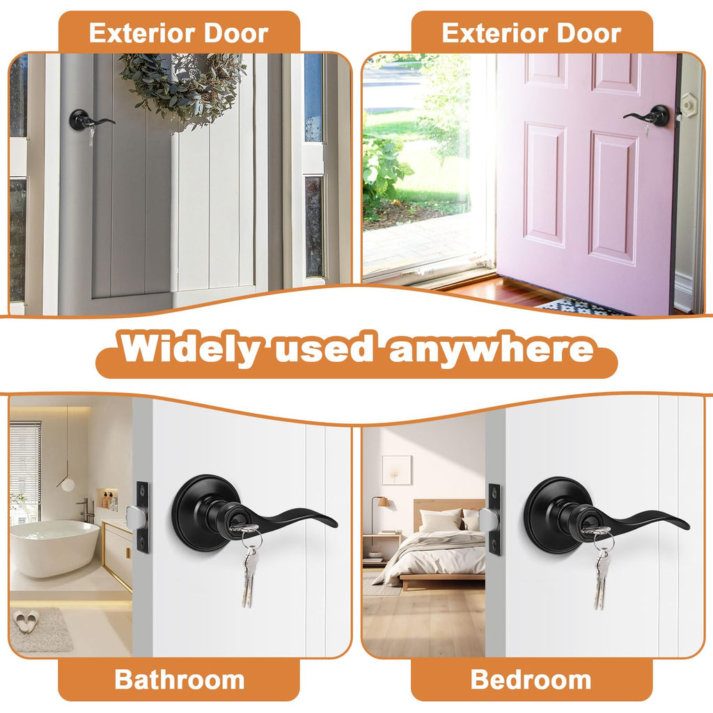4 Pack Black Entry Knobs with Lock and Key, Keyed Alike Lockset Combo Pack, Indoor and Outdoor Leversets, Reversible