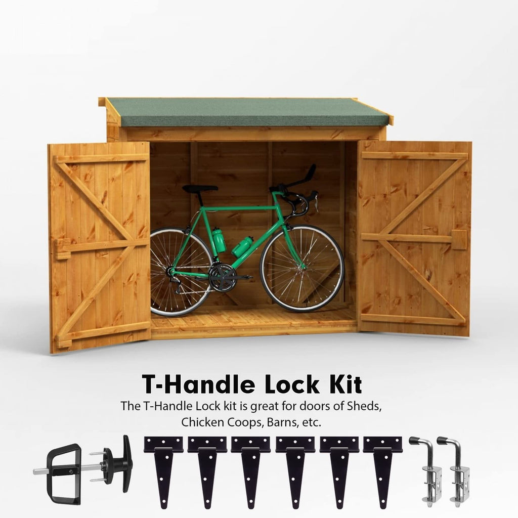 6" Shed Door Hardware Kit with T-Handle Lock & 5 Keys - 6 Hinges, 2 Barrel Bolts - Iron Gate Hardware Set, Black