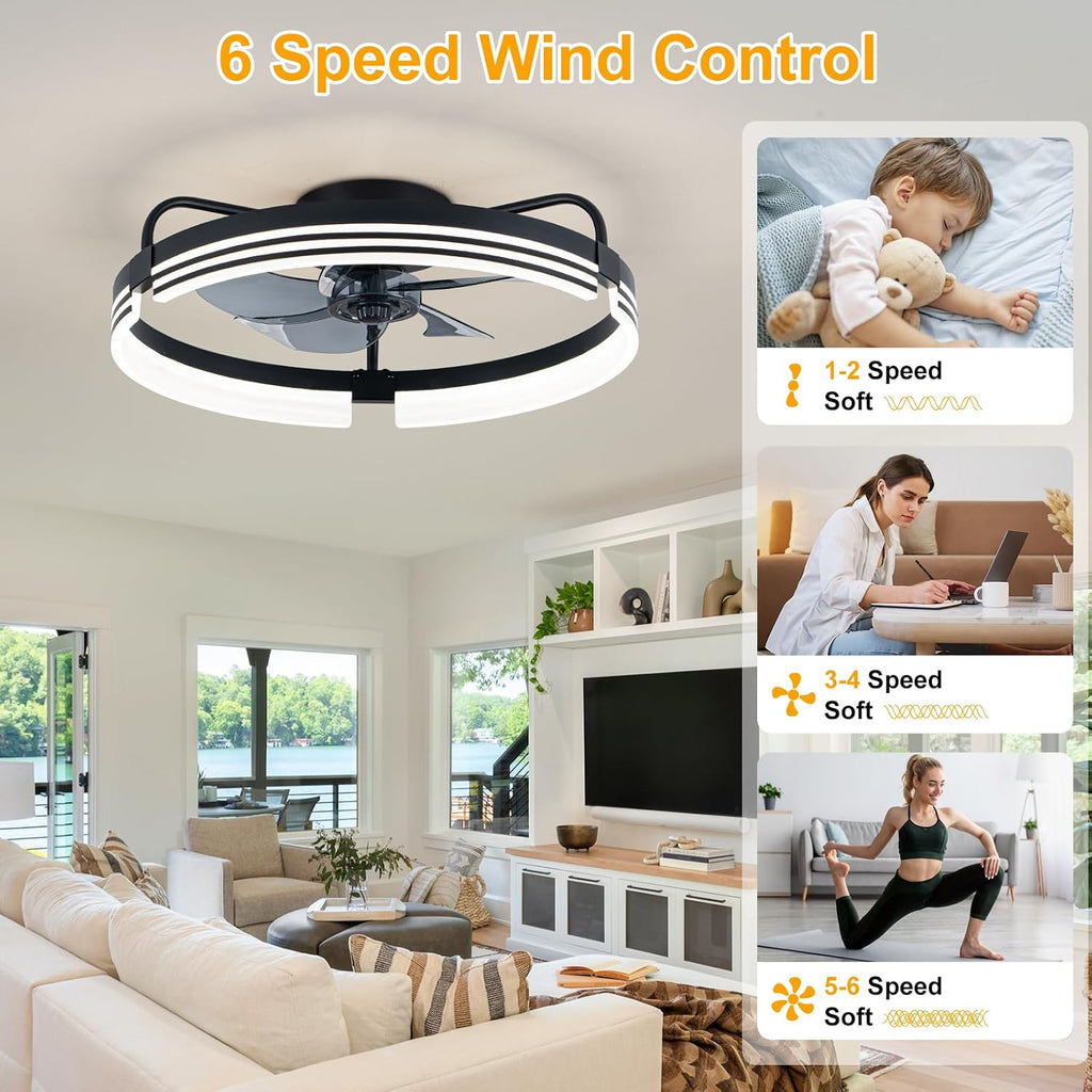 Low Profile Ceiling Fans with Lights and Remote, 20 Inch Reversible Flush Mount Ceiling Fan, DC Motor, 6 Speeds