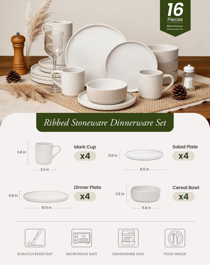 16-Piece Dinnerware Set for 4 with Mugs, Ribbed Stoneware Plates and Bowls Sets, Unique Handcrafted Reactive Glaze