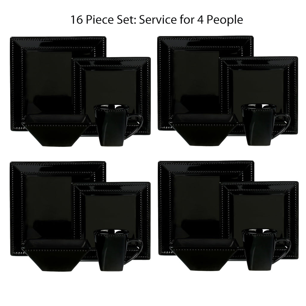 16 Piece Square Beaded Stoneware Dinnerware set by, Black
