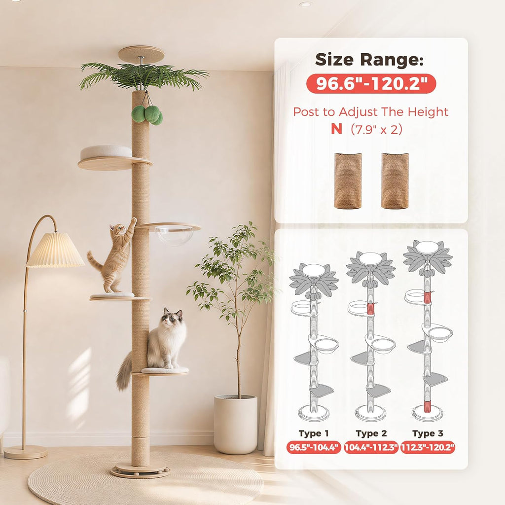 Floor to Ceiling Cat Tree Height (96.5-120.2 Inch) Adjustable, 5 Tier Wood Cat Tower with Thickened Full Sisal