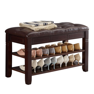 Shoe Storage Bench, Entryway Shoe Rack with Fiberleather Seat 2-Tier Lift Top Organizer Wooden Shoe Bench Hallway