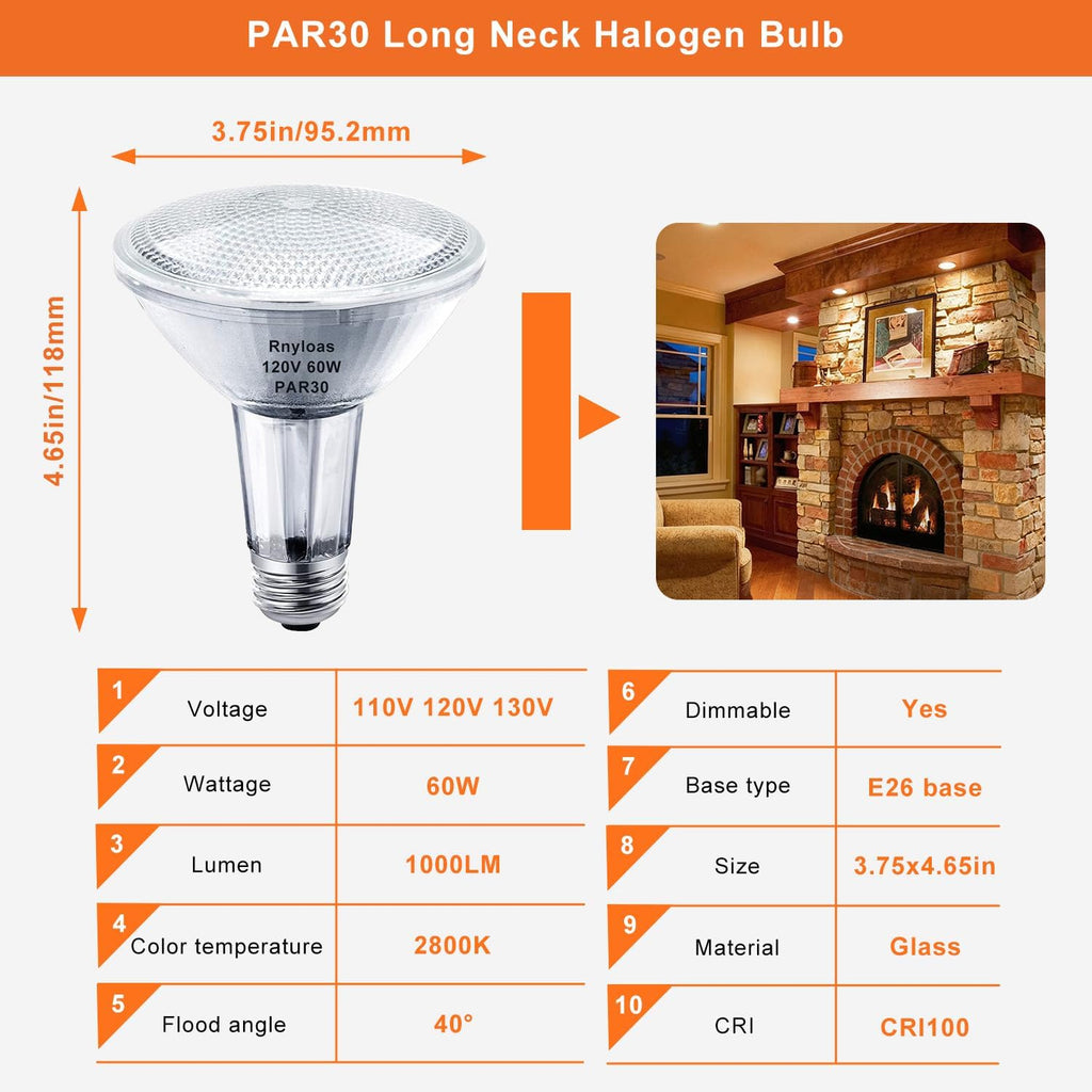 PAR30 Long Neck Halogen Bulb Dimmable 60W 120V 2800K Warm White
