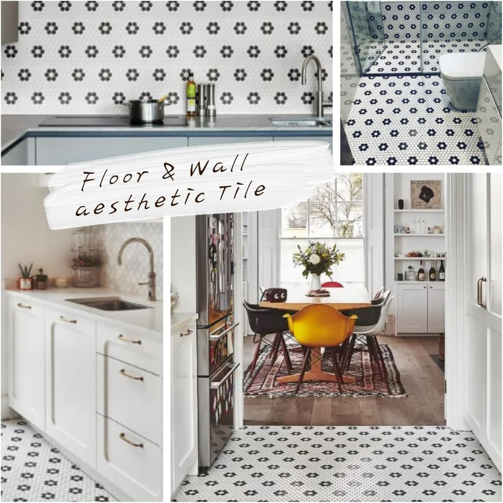 Hexagon Matte White with Black Hexagon Flower Pattern Porcelain Mosaic Floor and Wall Tile Backsplash, Bathroom