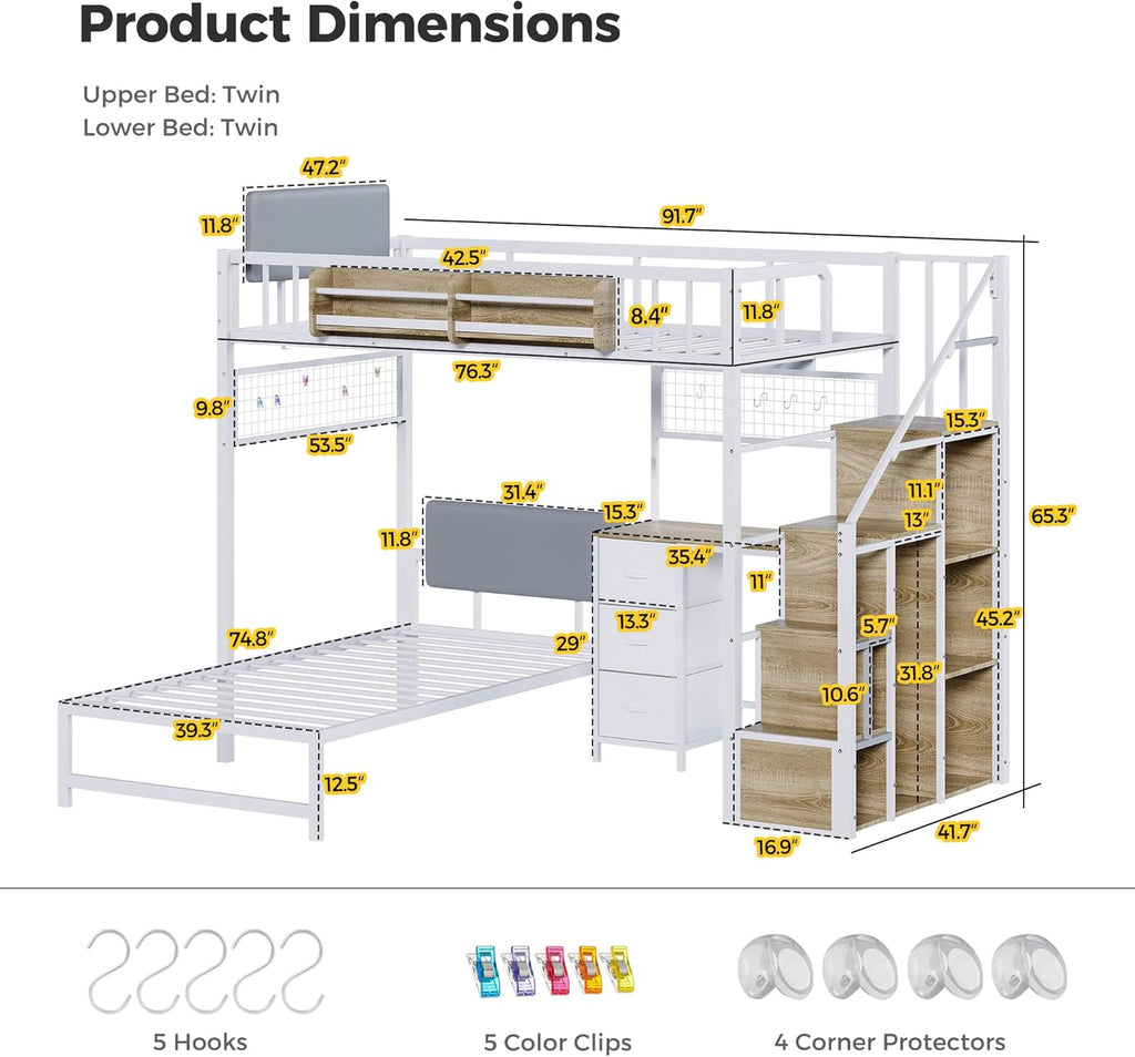 Twin Over Twin Loft Bunk Bed with Desk, Stairs, Drawers & Storage Shelves