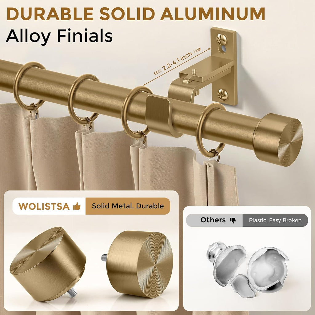 Brass Gold Curtain Rod 34-124 Inch, Brushed Warm Gold 1" Adjustable Long Heavy Duty Curtain Rods for Windows