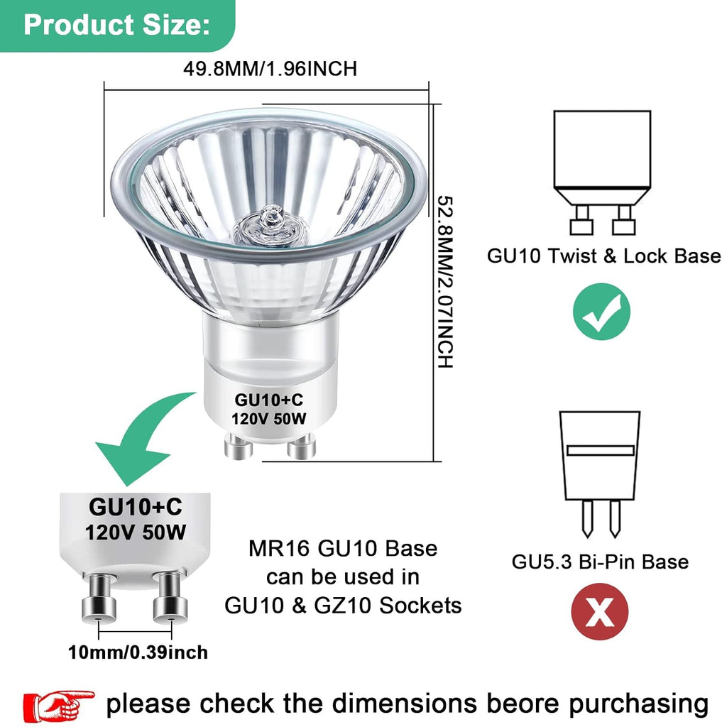 GU10 Halogen 50W Bulbs, Dimmable MR16 GU10+C 120V 50W for Track, Recessed, Accent Light, Range Hood Light Bulbs