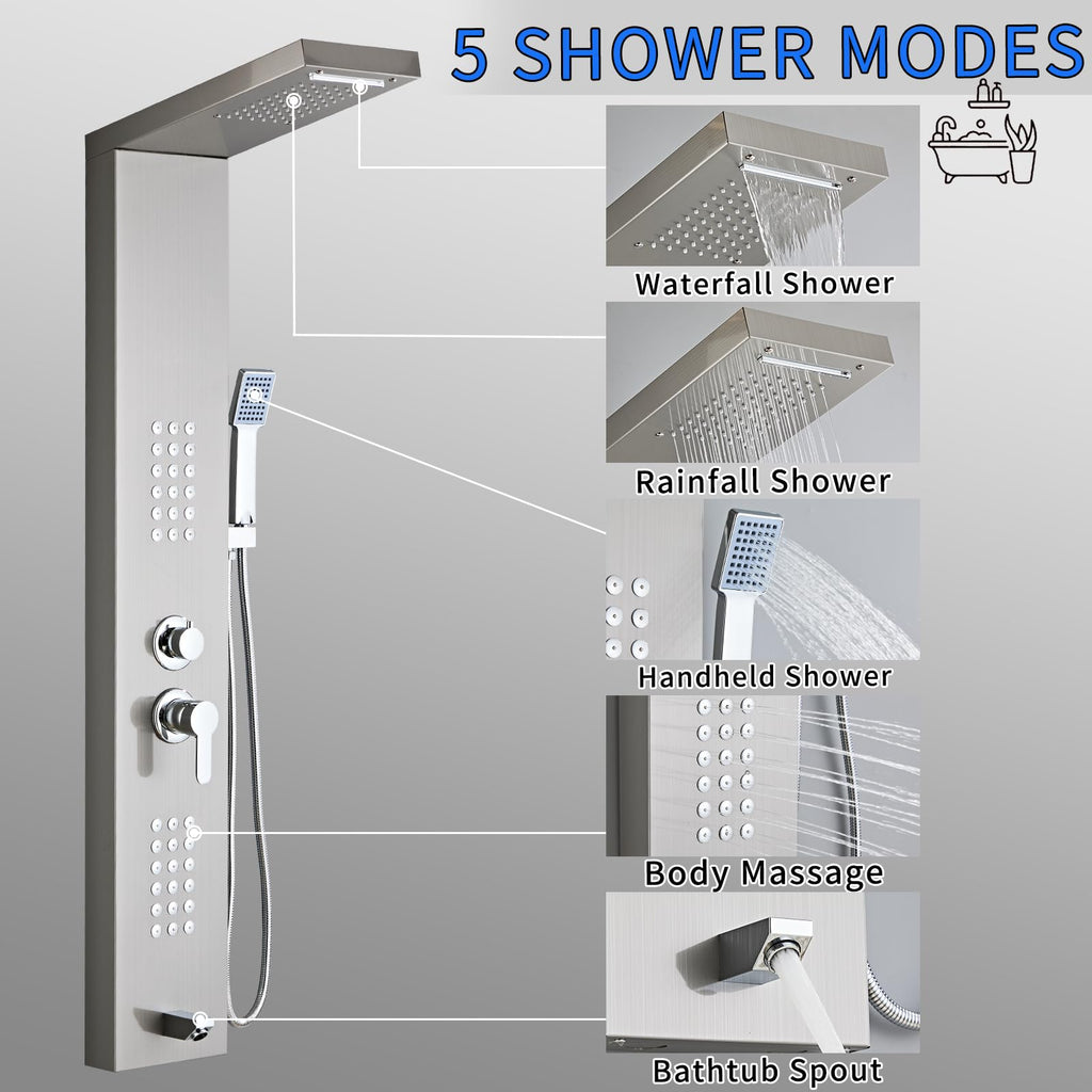 Shower Panel Tower System 5-in-1 Shower Panel Tower with Powerful Body Massage, Rainfall, Waterfall,Handheld and Tub