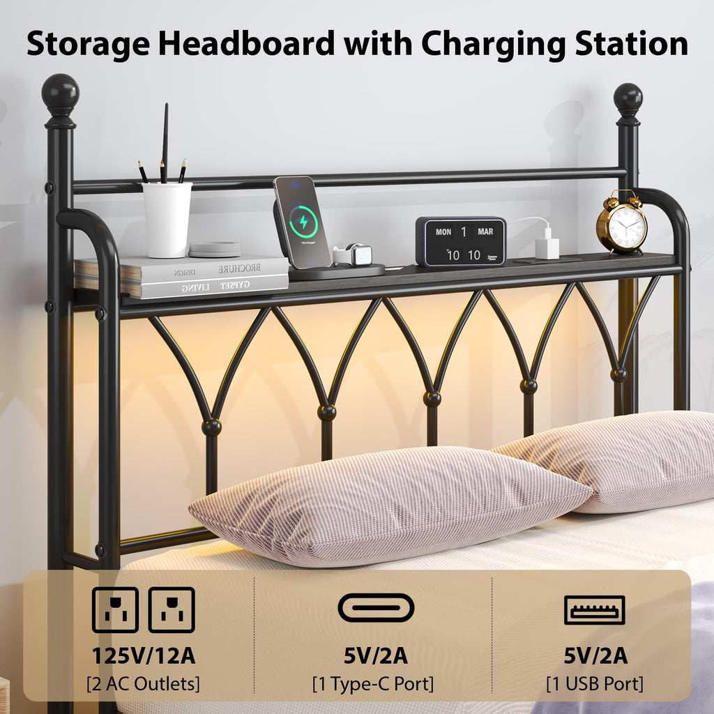 Queen Size Metal Bed Frame, Classic Victorian Iron-Art Headboard, Black