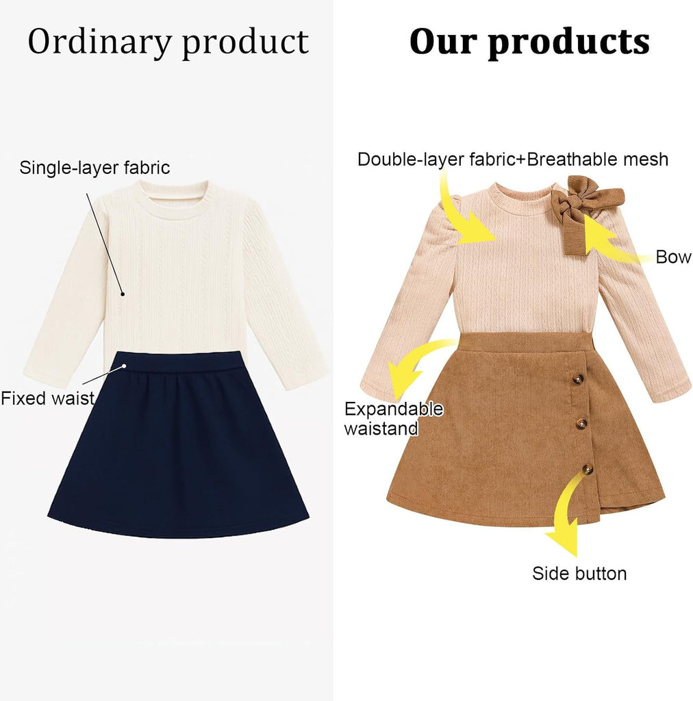 Toddler Girl Plaid Outfits Fall Winter Dress Knit Ribbed Bow Sweatshirt Tops and Button Fashion Skirts Set