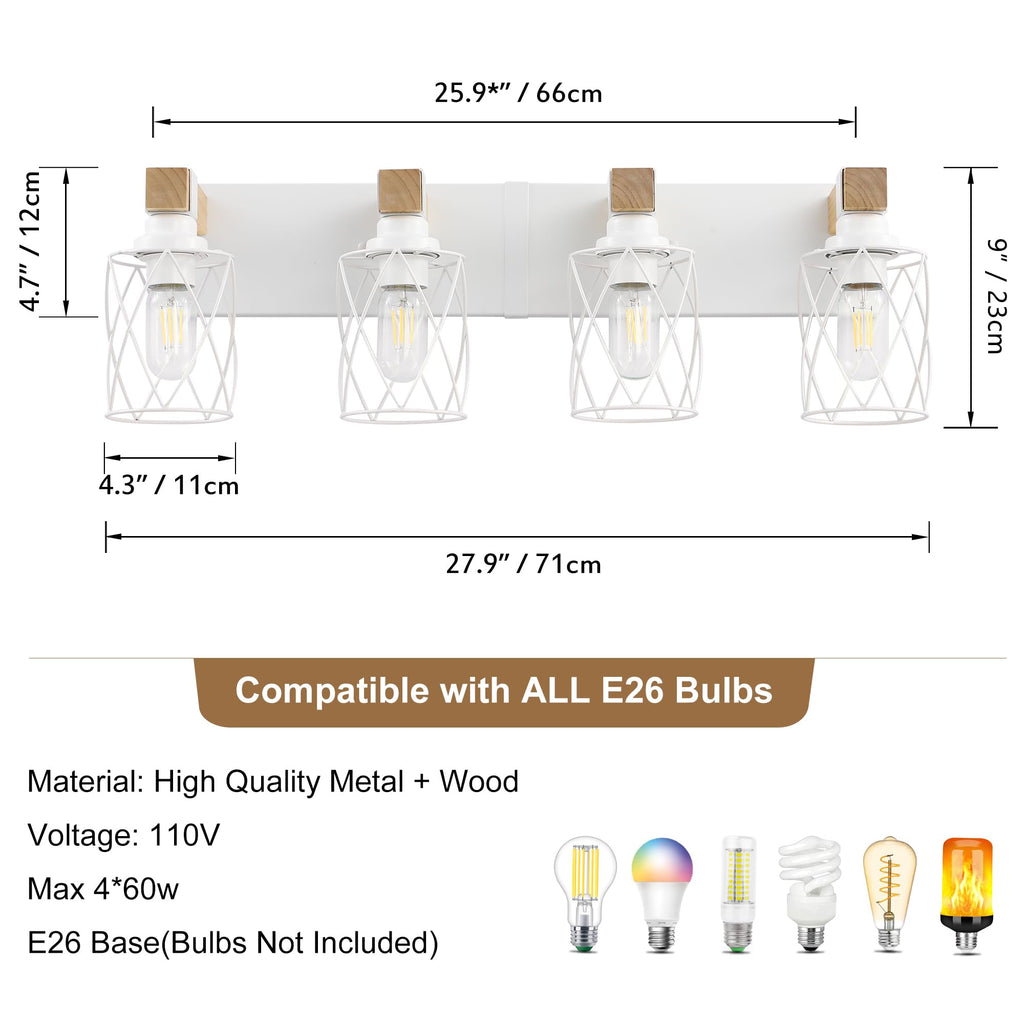 Farmhouse 4-Light Wood Bathroom Vanity Light, White Metal Cage Shade