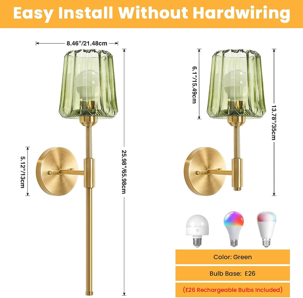 Crystal Battery Operated Wall Sconces Set of 2, Green Rechargeable Wireless Wall Sconce Lights with Crystal