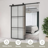 38in x 96in Glass Sliding Barn Door with 6.6ft Hardware kit, 3-Panel Black Aluminum Frame and Clear 