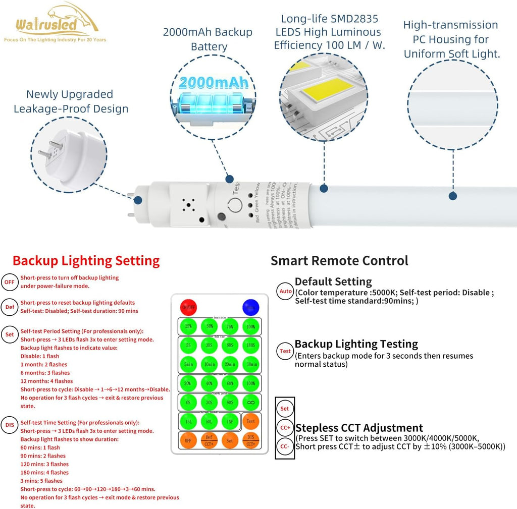 T8 LED Emergency Tube Light 4FT with Battery Backup,Remote,Dimmable,IP4X,CCT,10W,Fluorescent Tube Replacement 4