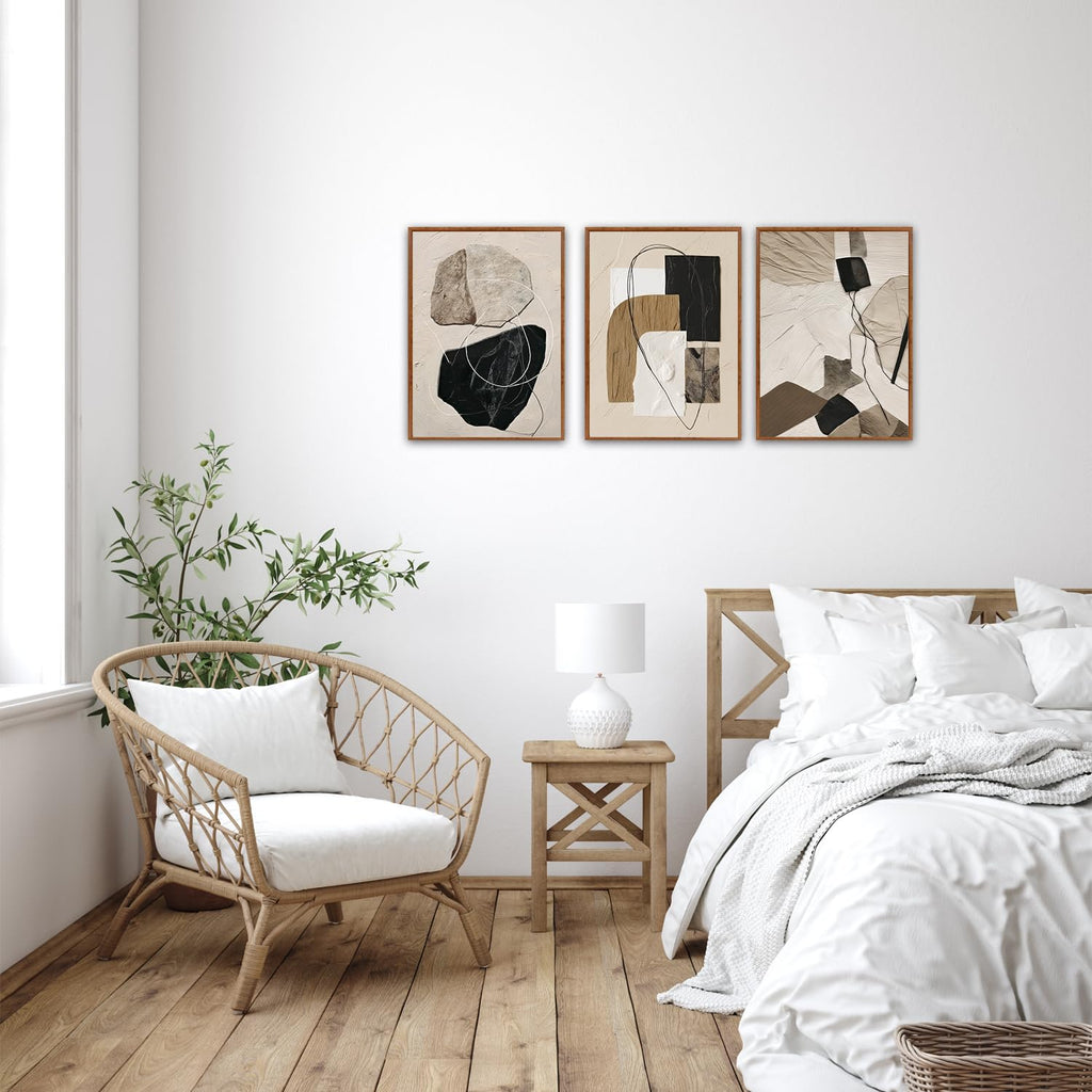 Neutral Abstract Framed Wall Art, Minimalist Geometric Wall Decor, 3 Piece Modern Canvas Prints, Boho Black And