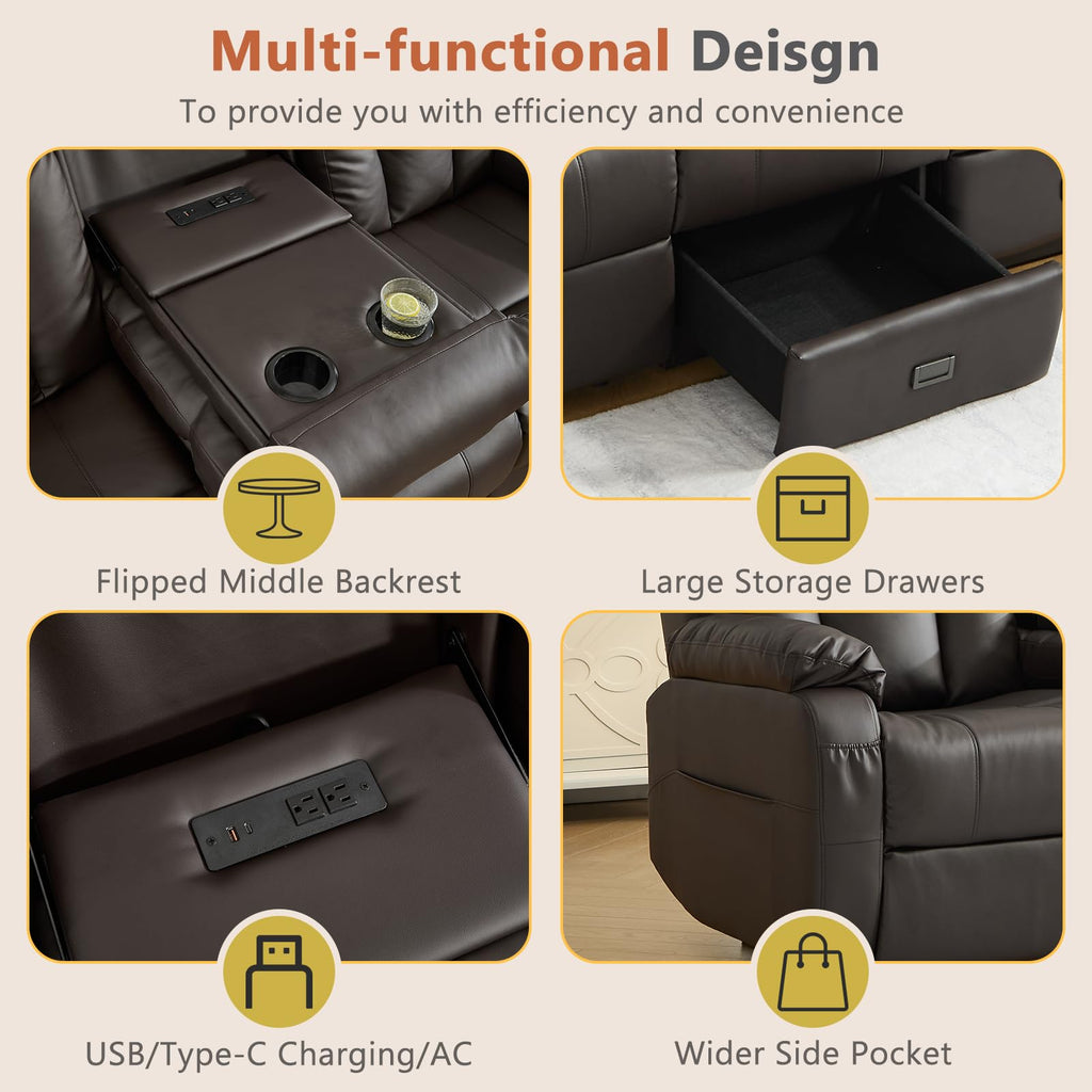 3-Seat Manual Reclining Sofa with Console, Faux Leather, Dark Brown