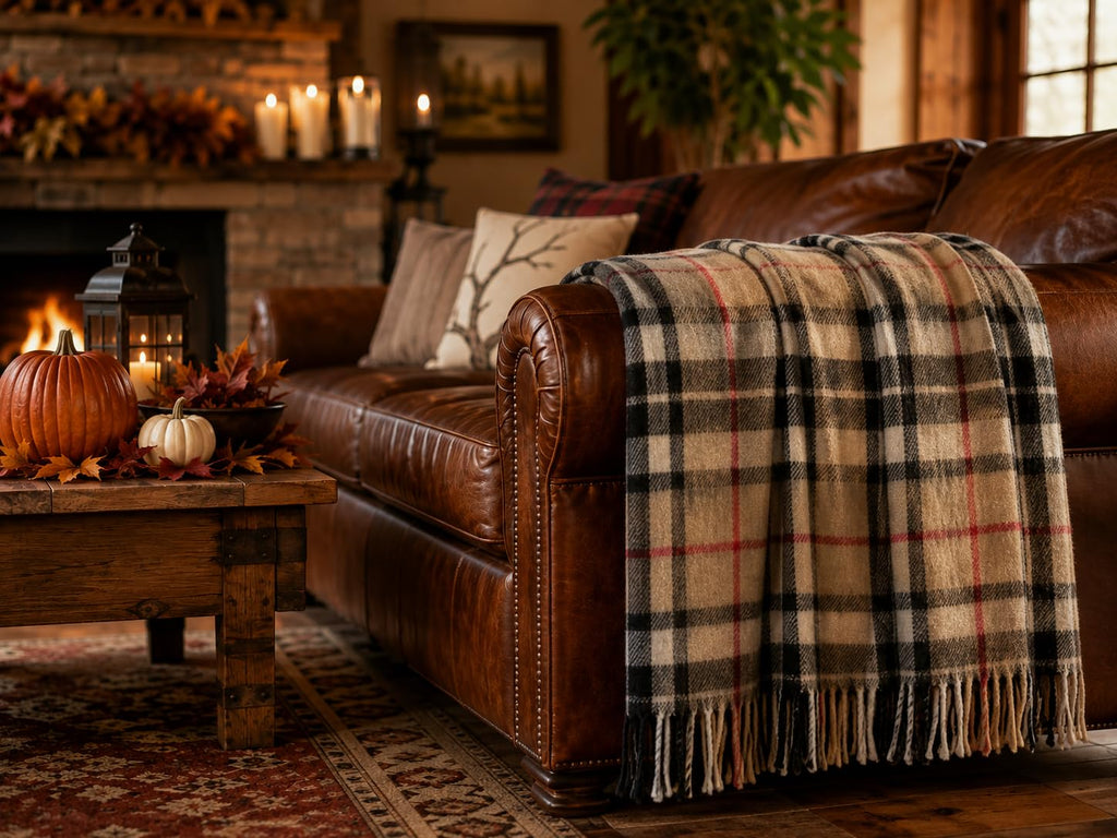 Tartan Fall Plaid Wool Blanket - Scottish Winter Throw (Thomson Camel)