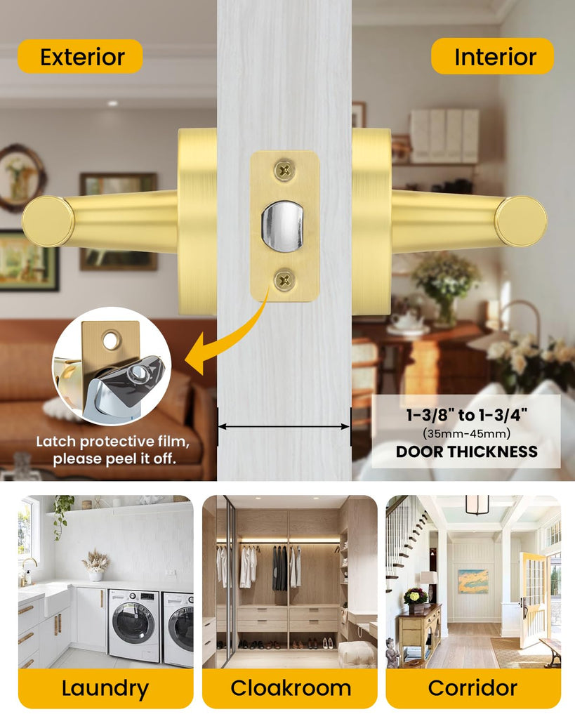 1 Pack Gold Door Handle Interior, Knurled Brushed Gold Door Handle, Passage Door Handle s and Closets, Reversible
