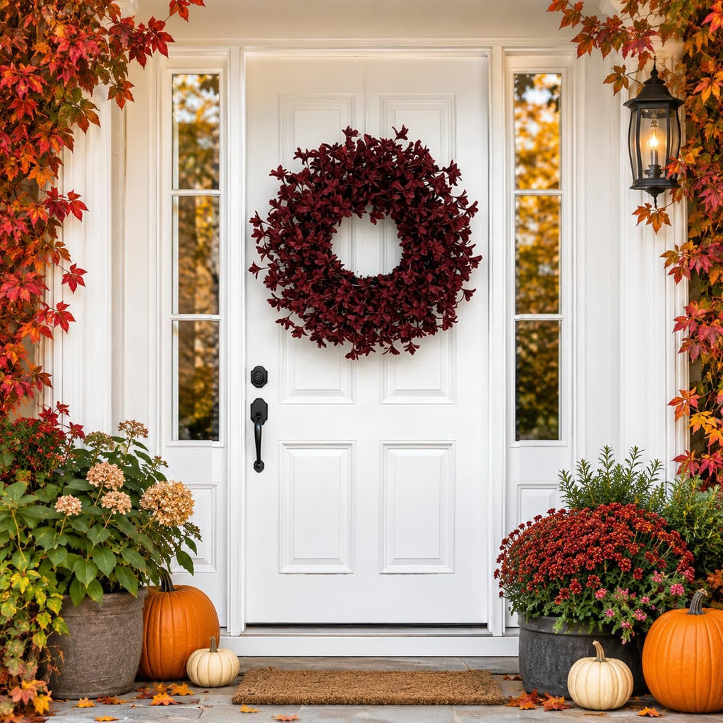 24 Inch Burgundy Fall Wreaths for Front Door, Artificial Forsythia Wreath