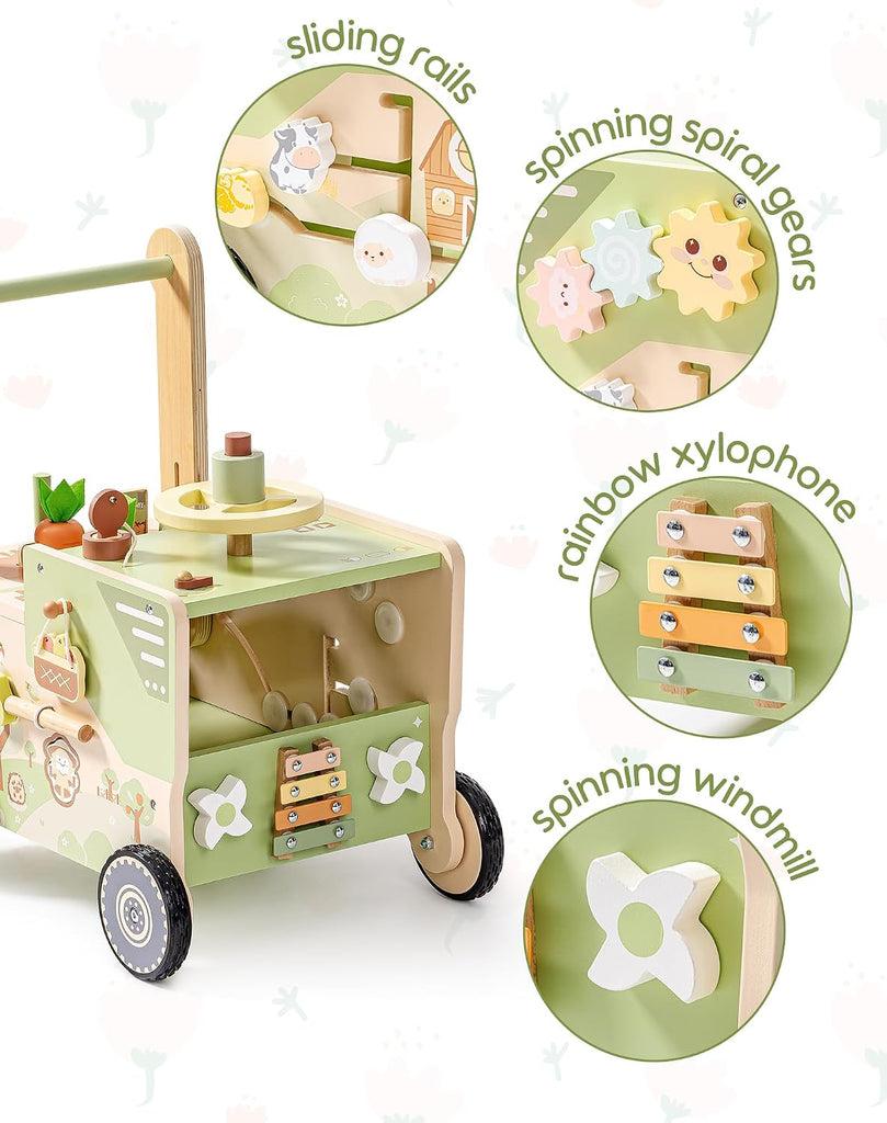 Wooden Baby Walker Push Toy for Toddlers, Baby Push Walker with Wheels, Farm-Themed Activity Center for Girls & Boys